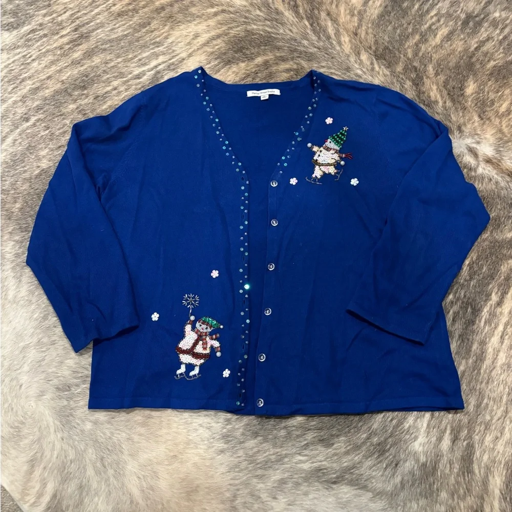 Vintage Blue Cardigan with Festive/Holiday Beading - Picture 1 of 7